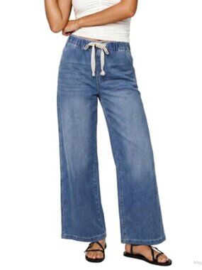 Wide Leg Jeans High Rise Elastic Waist Drawstring Cotton Blend Denim Pants